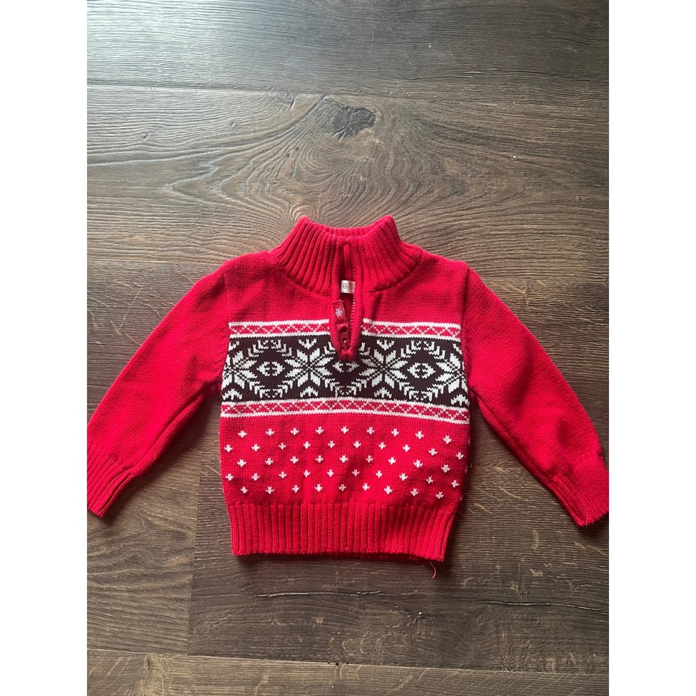 George Baby Boys Jubilee Red Fair Isle Snowflake Quarter Zip Cotton Sweater 18M